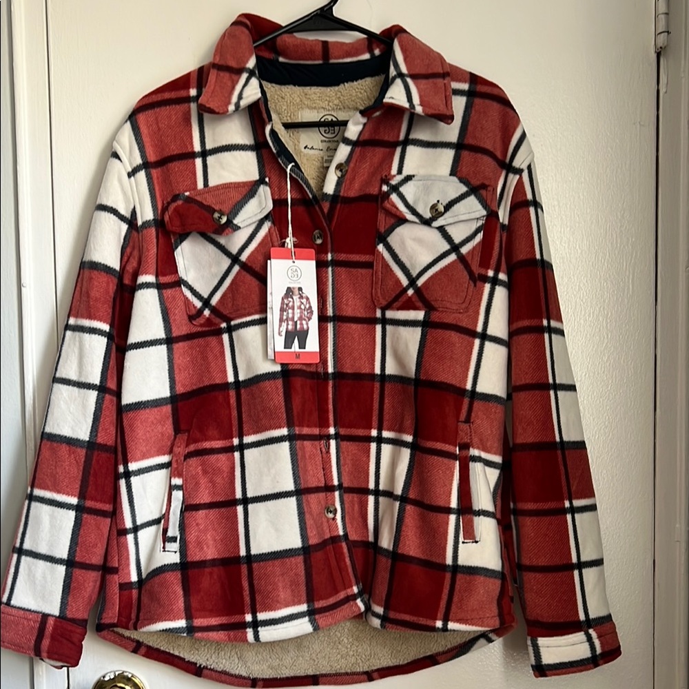 Red and White Plaid Sherpa Lined Shirt Jacket